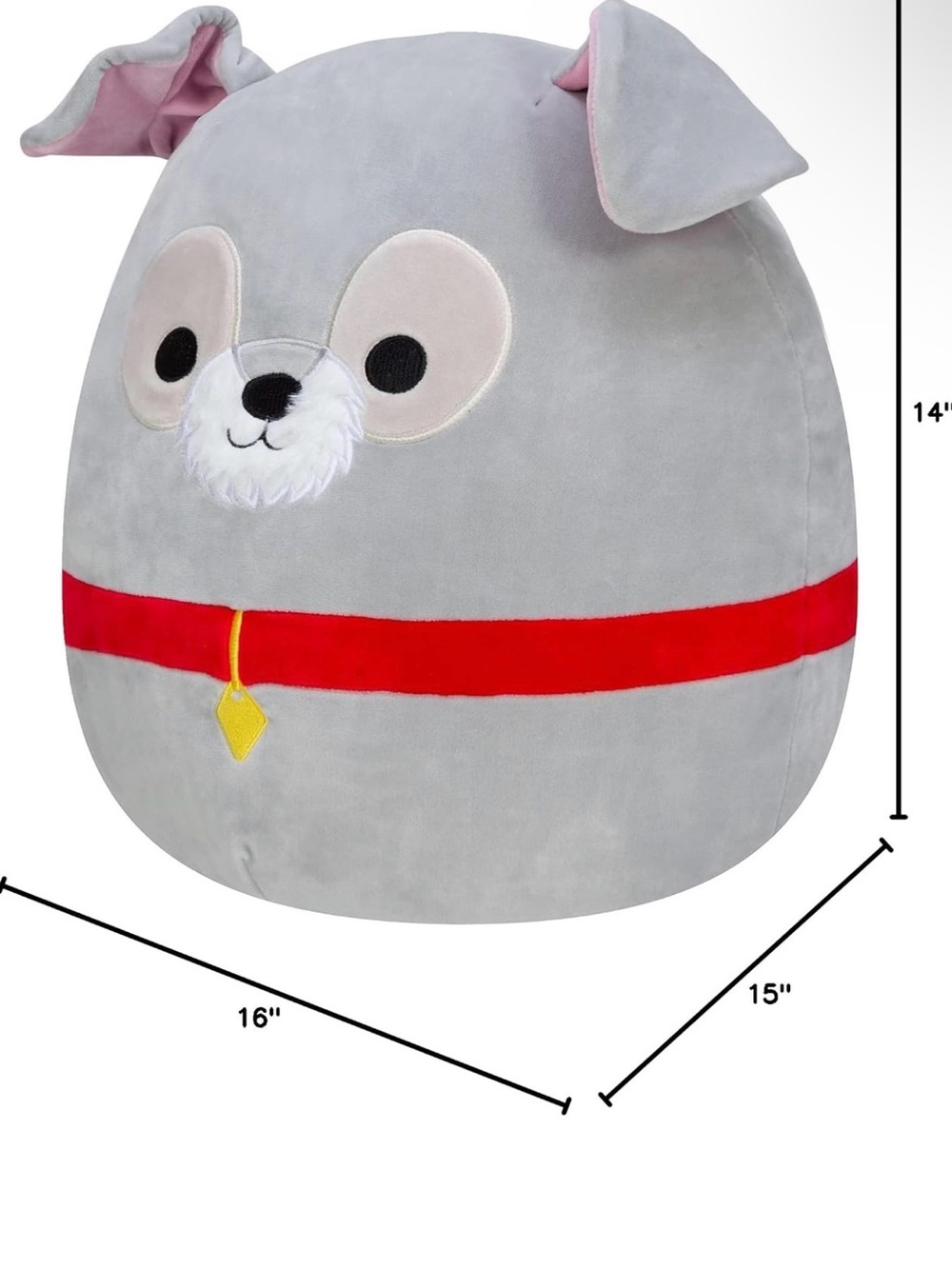 Squishmallows Gray Plush Dog Bed with Red Collar and Pink Ear Accents 16”